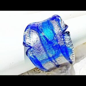 Blue Silver Murano Glass large freeform ring sz 7.5 new